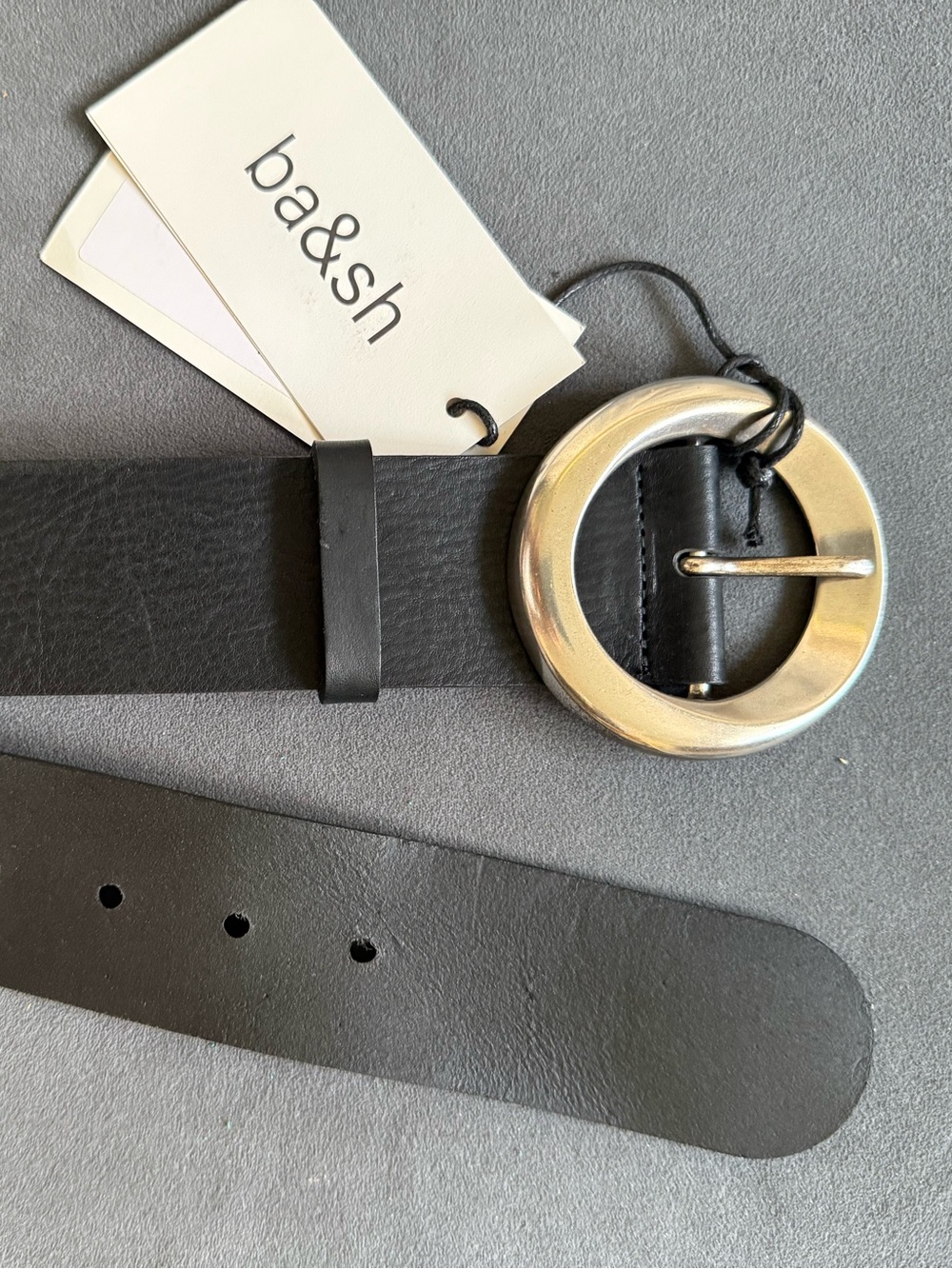 ba&sh Black Leather Belt with Chunky Silver Round Buckle. NWT